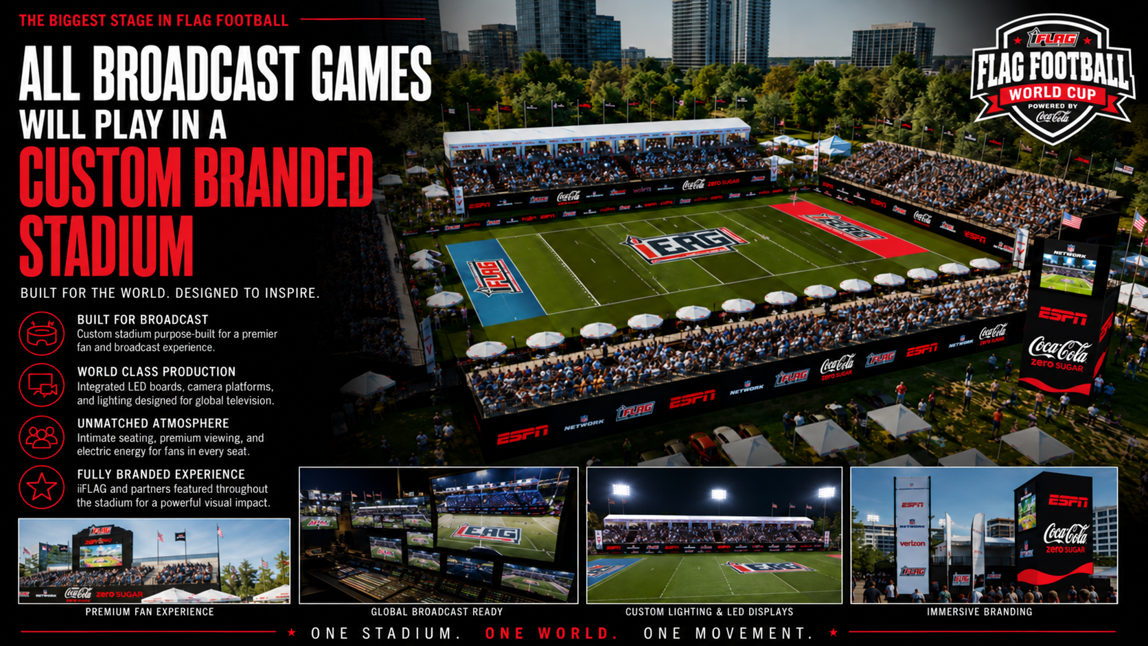 The complete iFlag World Cup custom branded stadium mockup, showing the field, grandstands, broadcast tower and sponsor signage